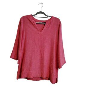 Lands End Women's Linen Split Neck 3/4 Sleeve Tunic Top pink Large